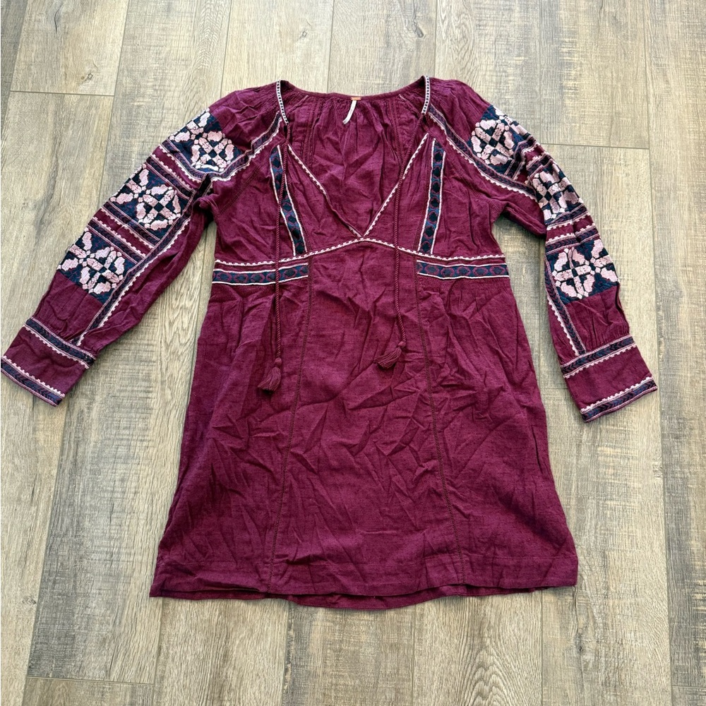 Free People Burgundy Boho Embroidered Dress